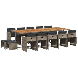 vidaXL Set comedor de jard&iacute;n con cojines 15 pzas rat&aacute;n sint&eacute;tico gris