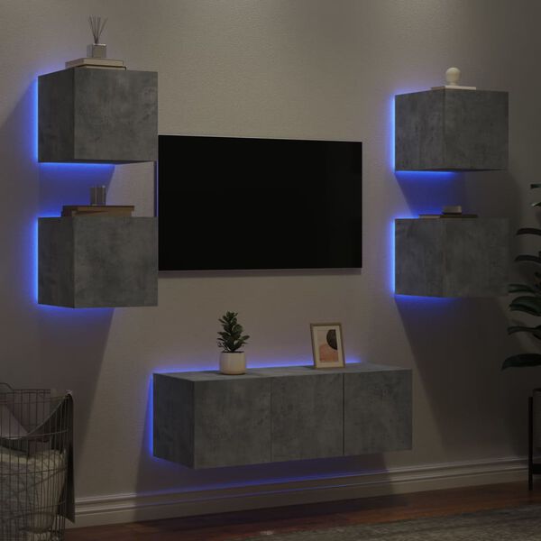 vidaXL Muebles TV pared con LED 6 pzas madera ingenier&iacute;a gris hormig&oacute;n
