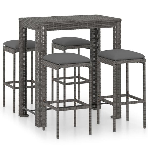 vidaXL Set muebles bar jard&iacute;n 5 piezas y cojines rat&aacute;n sint&eacute;tico gris