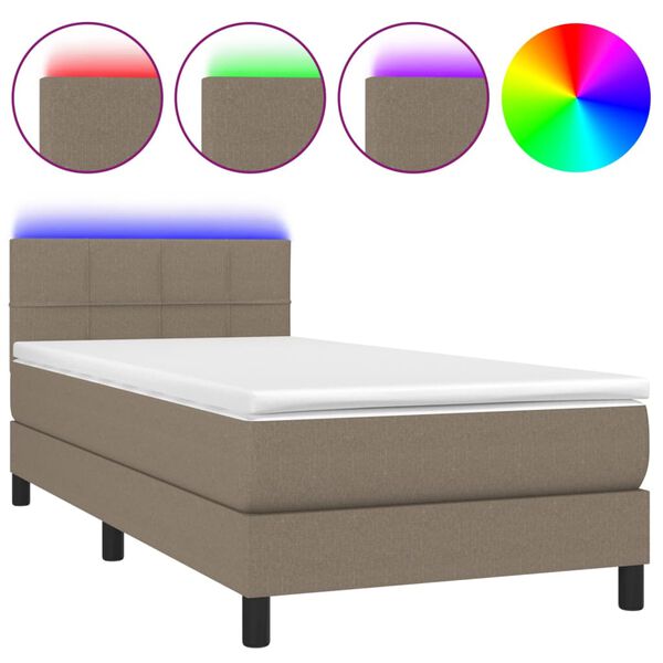 vidaXL Cama box spring colch&oacute;n y luces LED tela gris taupe 90x200 cm