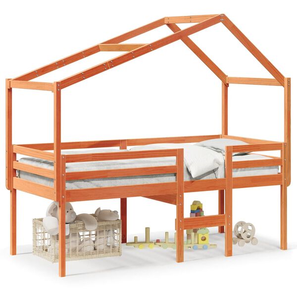 vidaXL Cama alta con techo madera maciza de pino marr&oacute;n cera 75x190 cm