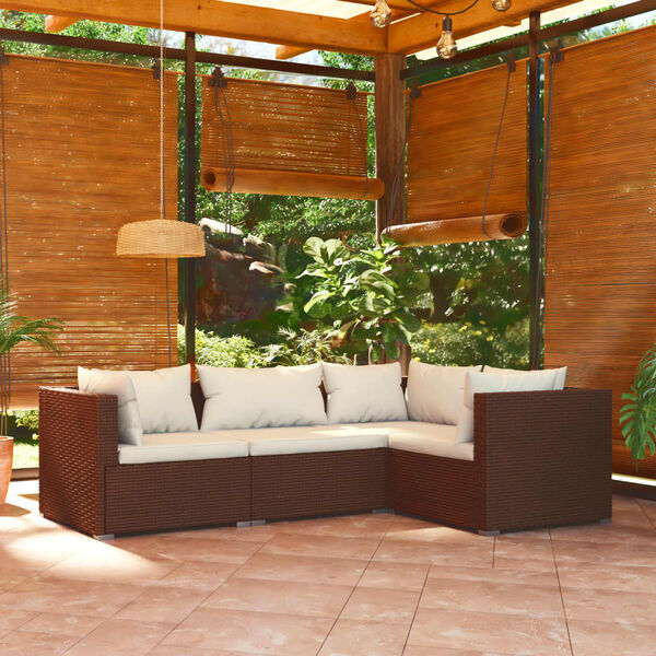 vidaXL Set muebles de jard&iacute;n 4 piezas y cojines rat&aacute;n sint&eacute;tico marr&oacute;n