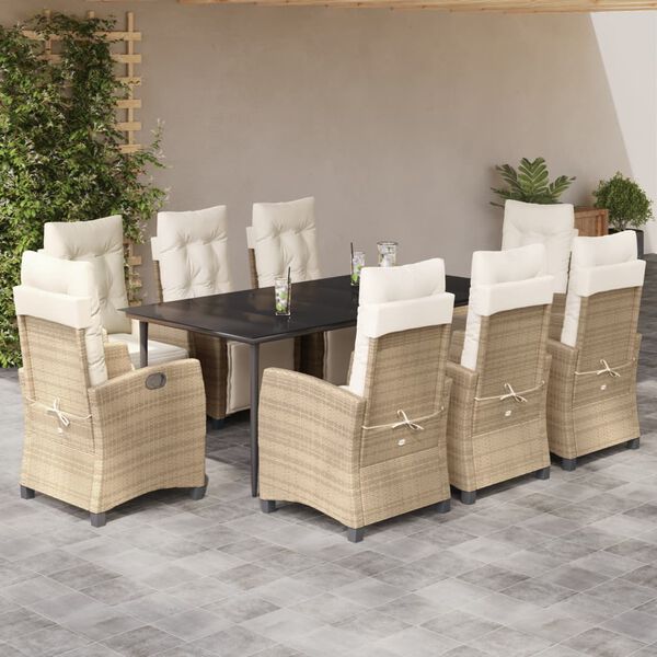 vidaXL Set comedor de jard&iacute;n 9 pzas con cojines rat&aacute;n sint&eacute;tico beige