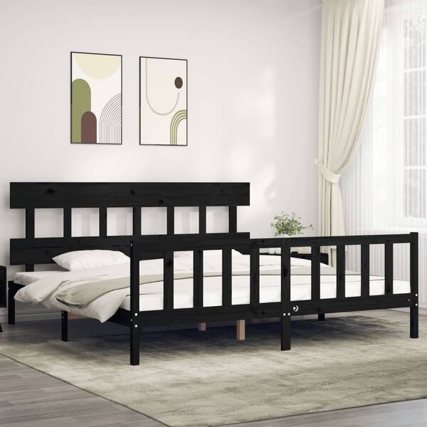 vidaXL Estructura cama de matrimonio con cabecero madera maciza negro