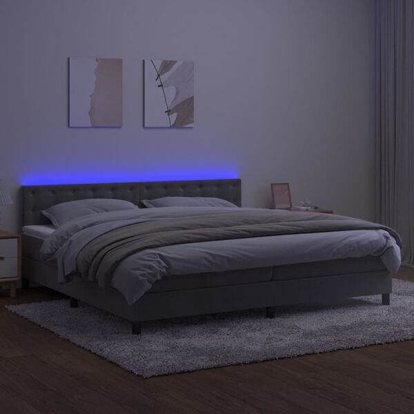 vidaXL Cama box spring colch&oacute;n y LED terciopelo gris claro 200x200 cm