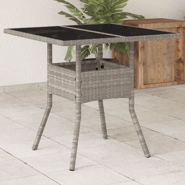 vidaXL Mesa de jardín superficie de vidrio y ratán PE gris 80x80x75 cm