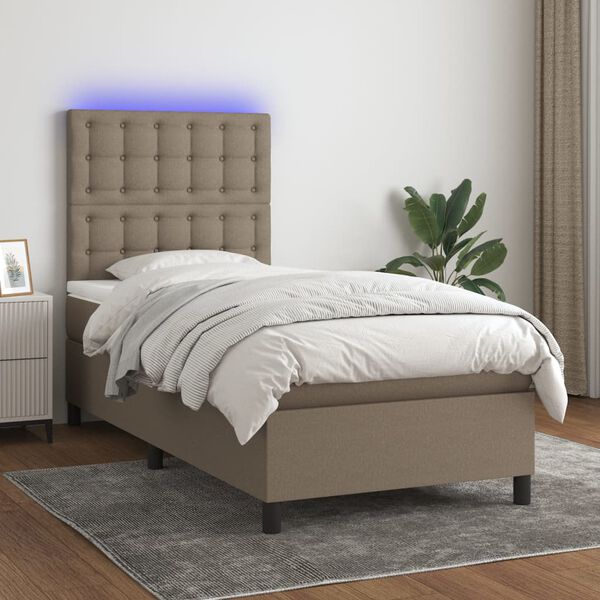vidaXL Cama box spring colch&oacute;n y luces LED tela gris taupe 90x190 cm