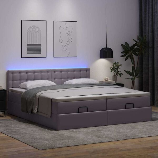 vidaXL Cama otomana colch&oacute;n y LED cuero sint&eacute;tico gris 160x200 cm