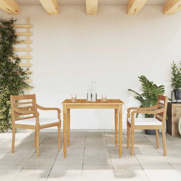 vidaXL Juego comedor de jard&iacute;n 3 pzas y cojines blancos madera de teca