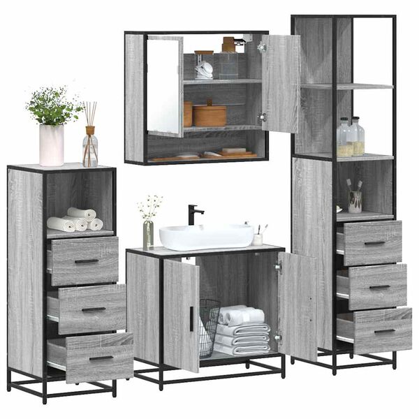 vidaXL Set de muebles de ba&ntilde;o 4 pzas madera contrachapada gris sonoma