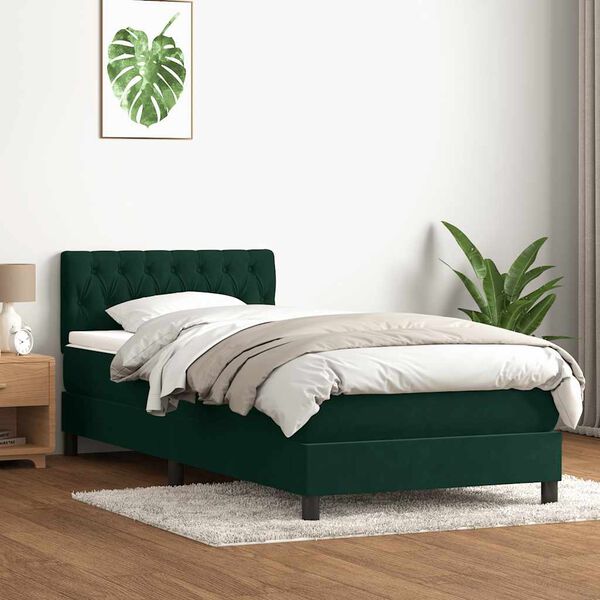 vidaXL Cama box spring con colch&oacute;n y LED terciopelo verde oscuro 90x210 cm