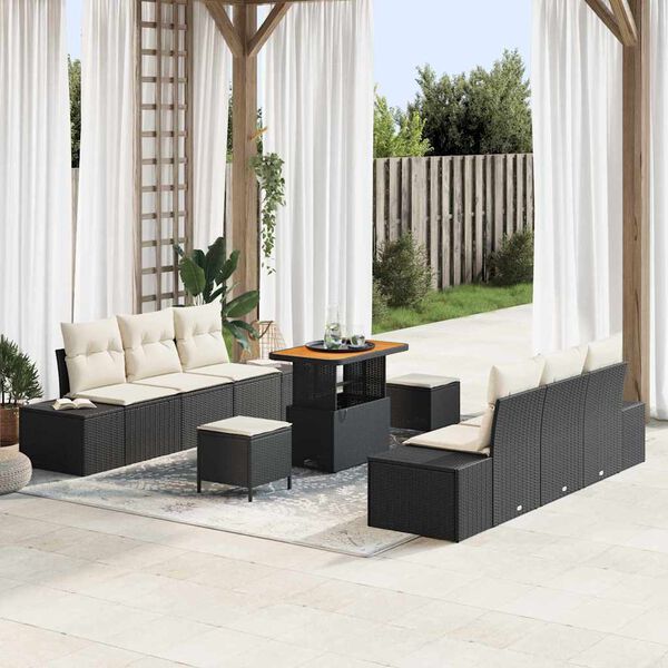 vidaXL Conjunto de sofá de jardín con cojín 9 pcs Negro Poliratán