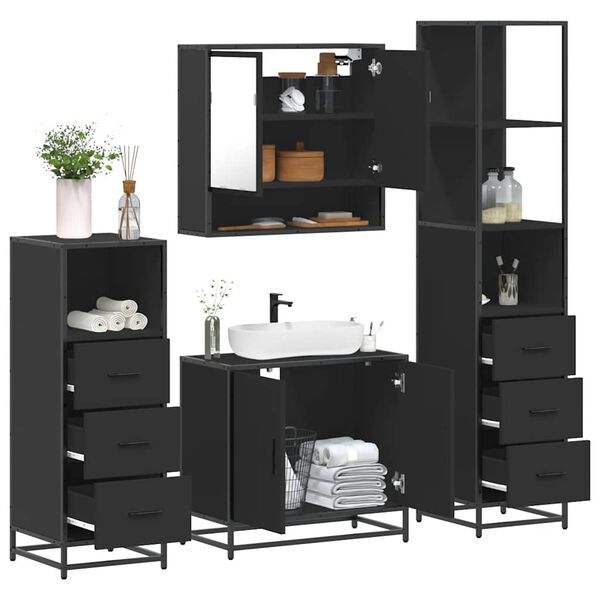 vidaXL Juego de muebles de ba&ntilde;o 4 pzas madera contrachapada negro