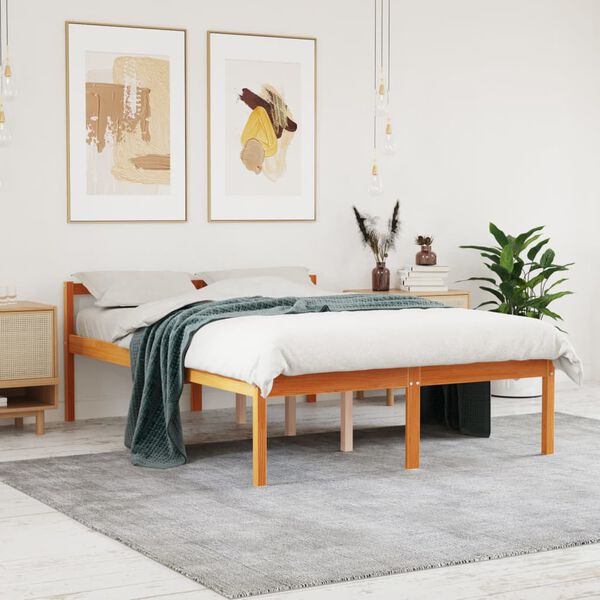 vidaXL Cama para mayores madera maciza de pino marr&oacute;n cera 135x190 cm