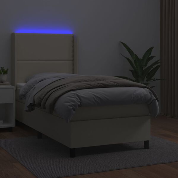 vidaXL Cama box spring y colch&oacute;n LED cuero sint&eacute;tico crema 90x200 cm