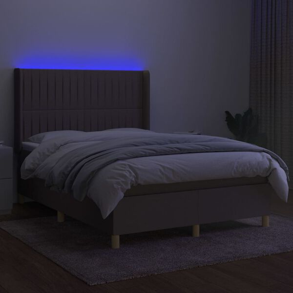 vidaXL Cama box spring colch&oacute;n y luces LED tela gris taupe 140x190 cm