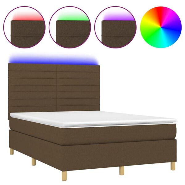 vidaXL Cama box spring colch&oacute;n luces LED tela marr&oacute;n oscuro 140x190 cm