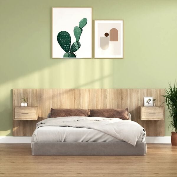 vidaXL Cabecero de cama con mesitas madera contrachapada roble Sonoma