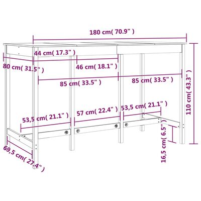 vidaXL Mesa alta de bar de madera maciza de pino 180x80x110 cm