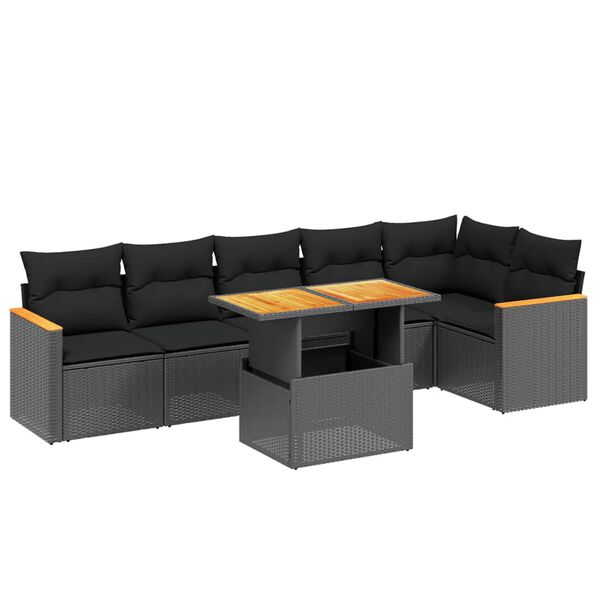 vidaXL Set de comedor de jardín 7 pzas y cojines ratán sintético negro
