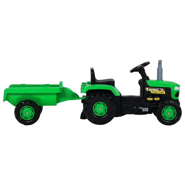 vidaXL Tractor de pedales para niños con remolque verde y negro