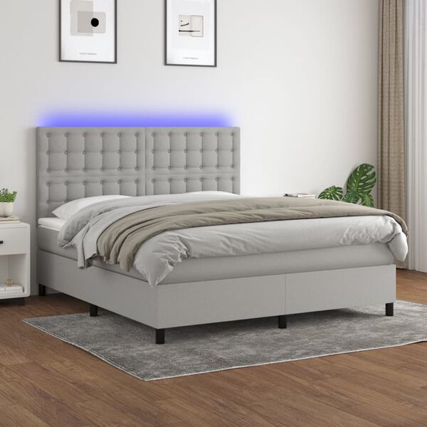 vidaXL Cama box spring colch&oacute;n y luces LED tela gris claro 180x200 cm