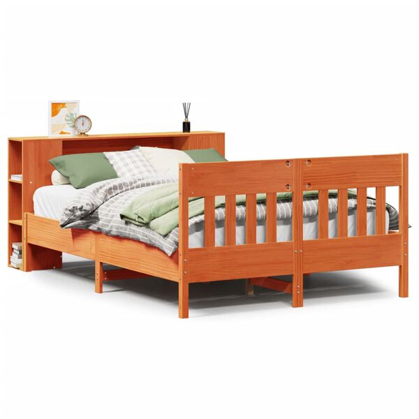 vidaXL Cama con estanter&iacute;a sin colch&oacute;n madera maciza marr&oacute;n 140x190 cm