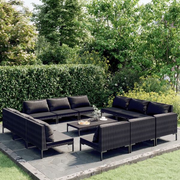 vidaXL Muebles de jardín 13 pzas y cojines ratán sintético gris oscuro
