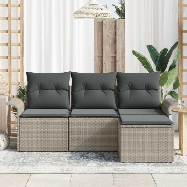 vidaXL Conjunto de sofá de jardín con cojín 4 pcs Gris claro Poliratán