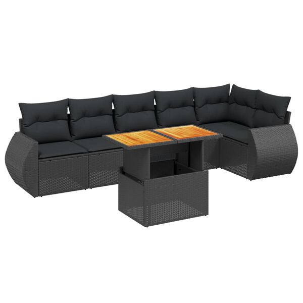 vidaXL Set de comedor de jard&iacute;n 7 pzas y cojines rat&aacute;n sint&eacute;tico negro