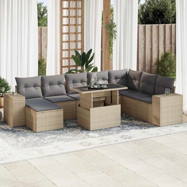 vidaXL Set de sof&aacute;s de jard&iacute;n con cojines 9 pzas rat&aacute;n sint&eacute;tico beige