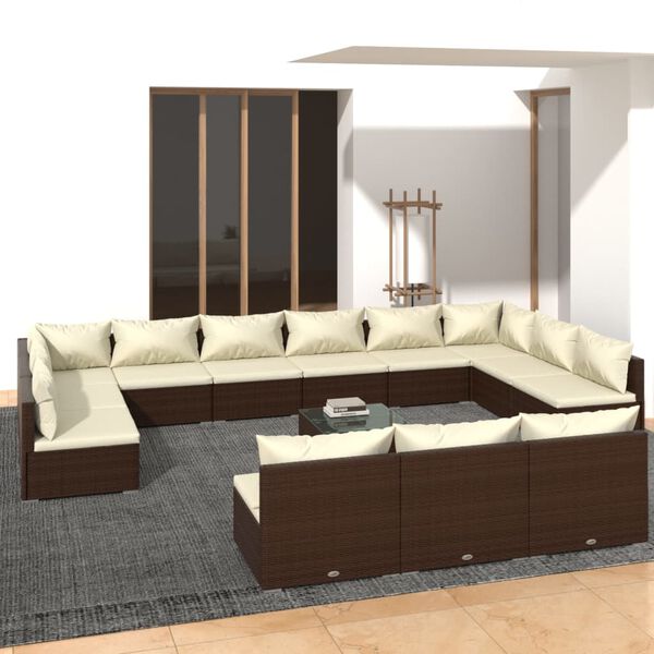 vidaXL Set muebles de jard&iacute;n 14 pzas y cojines rat&aacute;n sint&eacute;tico marr&oacute;n