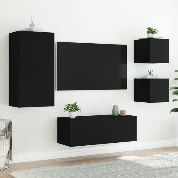 vidaXL Muebles de TV de pared con LED 5 pzas madera ingenier&iacute;a negro