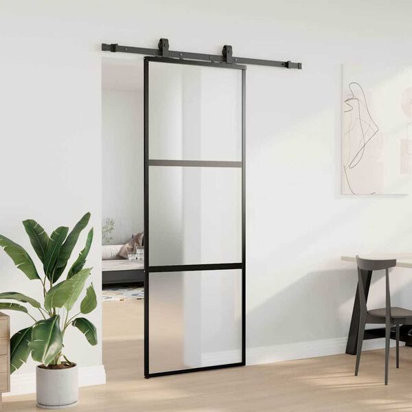 vidaXL Puerta corredera con herrajes negro 76x205 cm vidrio templado