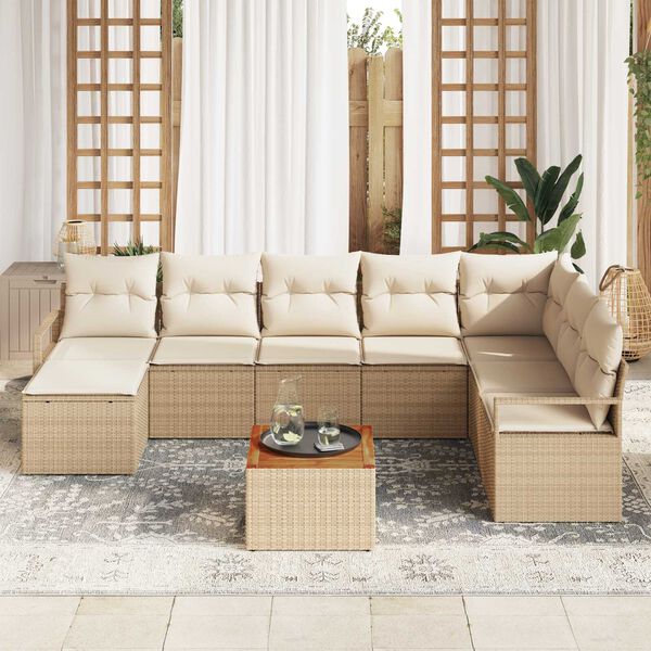 vidaXL Conjunto de sof&aacute;s de jard&iacute;n 9 pcs Beige y Crema rat&aacute;n sint&eacute;tico