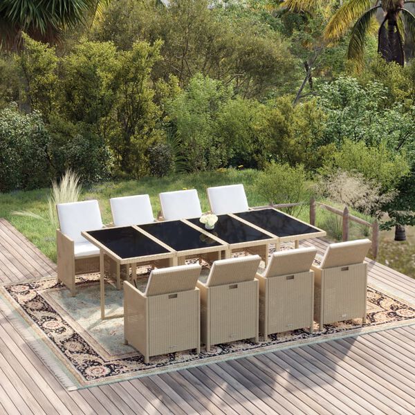 vidaXL Set comedor de jard&iacute;n 9 pzas con cojines rat&aacute;n sint&eacute;tico beige