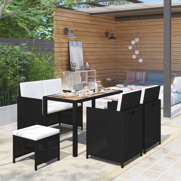 vidaXL Set comedor jard&iacute;n 6 pzas rat&aacute;n sint&eacute;tico y madera acacia negro