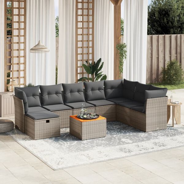 vidaXL Set de muebles de jard&iacute;n 9 pzas y cojines rat&aacute;n sint&eacute;tico gris