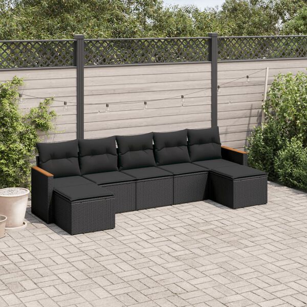 vidaXL Set de comedor de jard&iacute;n 7 pzas y cojines rat&aacute;n sint&eacute;tico negro