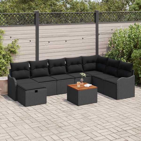 vidaXL Conjunto de sof&aacute; de jard&iacute;n con coj&iacute;n 9 pcs Negro Polirat&aacute;n