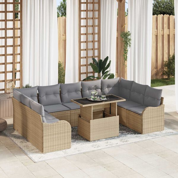 vidaXL Conjunto de sof&aacute; de jard&iacute;n 10 pcs Beige Rattan de Poli&eacute;ster