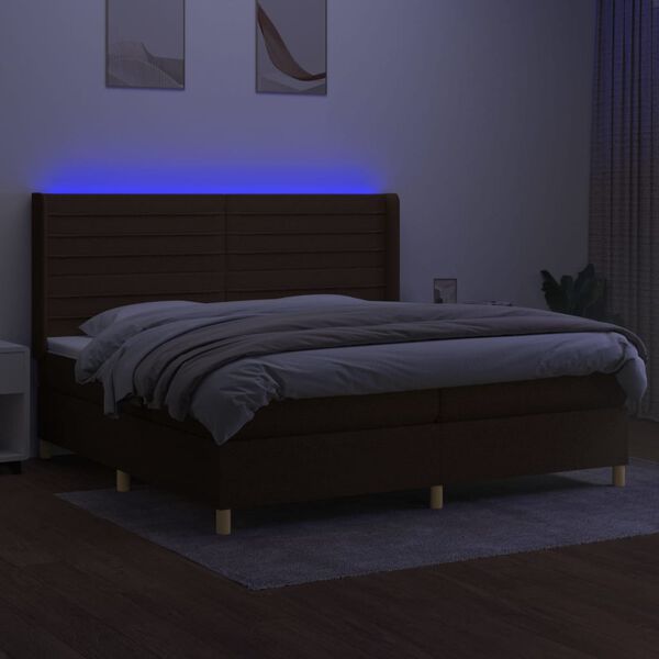 vidaXL Cama box spring colch&oacute;n luces LED tela marr&oacute;n oscuro 200x200 cm