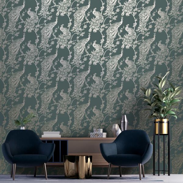 DUTCH WALLCOVERINGS Papel pintado pavo real verde y plateado