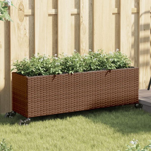 vidaXL Jardinera con ruedas y 3 maceteros rat&aacute;n PE marr&oacute;n 107x32x38 cm
