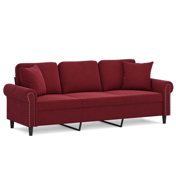 vidaXL Sof&aacute; 3 plazas almohadas y cojines terciopelo rojo tinto 180 cm