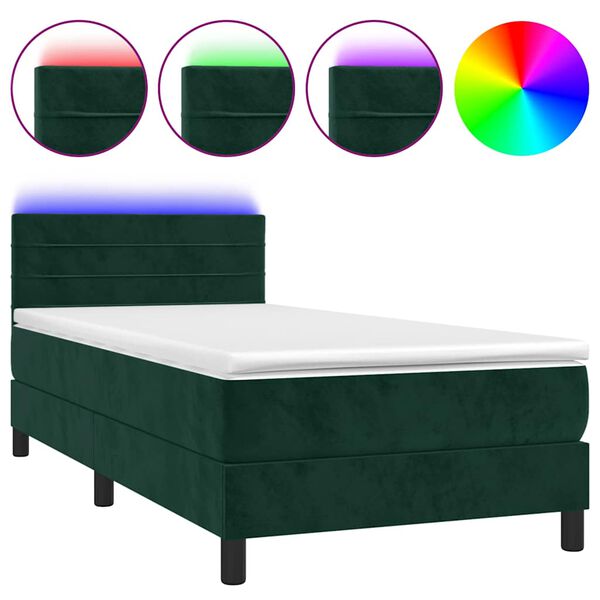 vidaXL Cama box spring colch&oacute;n y LED terciopelo verde oscuro 90x200 cm