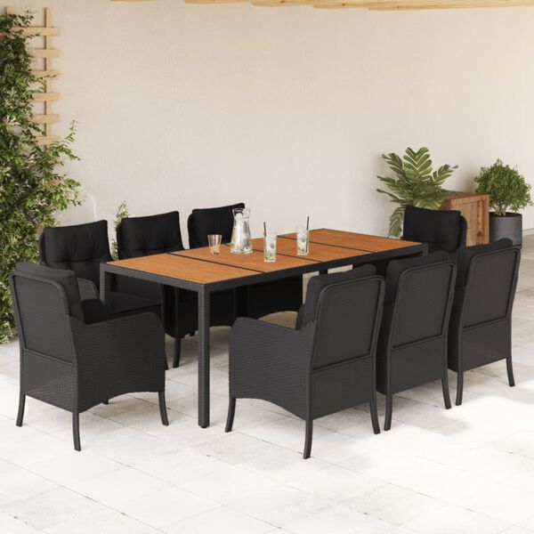 vidaXL Set de comedor de jard&iacute;n 9 pzas y cojines rat&aacute;n sint&eacute;tico negro