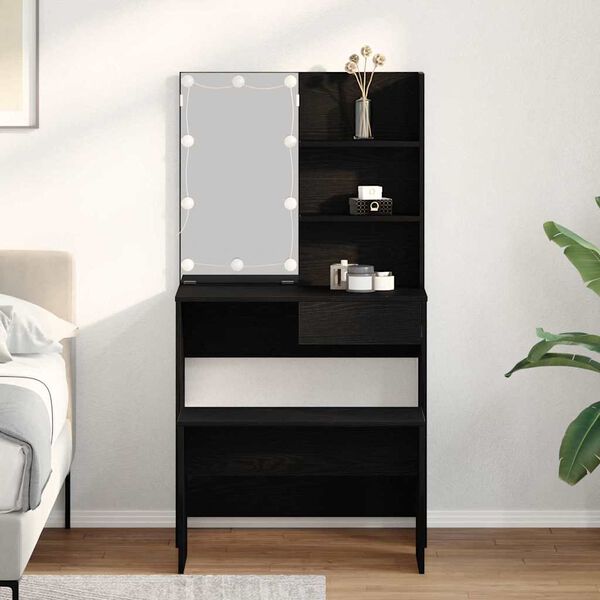 vidaXL Juego de mesa de tocador LED con caj&oacute;n 2 pcs Roble Negro