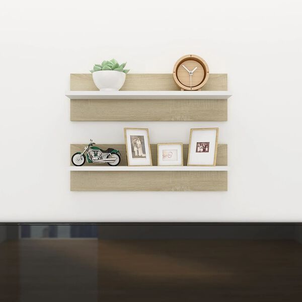 vidaXL Estantes de pared 2 uds madera blanco y roble 60x11,5x18 cm