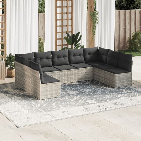 vidaXL Set muebles jard&iacute;n 9 pzas y cojines rat&aacute;n sint&eacute;tico gris claro